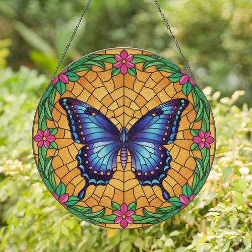 Majestic Butterfly Outstretched Wings Emerald Foliage Pink Flowers - Home Decor Gift Stained Glass Suncatcher