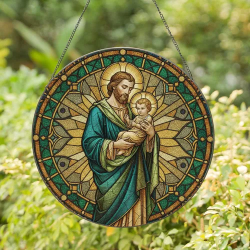 Saint Joseph Baby Jesus Halos - Christian Home Decor Gift for Catholic Family Stained Glass Suncatcher