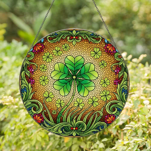Four Leaf Clover Botanical Berries Floral - Home Decor Gift for Plant Lover Stained Glass Suncatcher