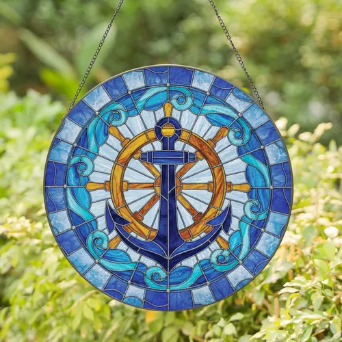 Ships Anchor Wheel Ocean Currents Swirling Water - Home Decor Gift for Maritime Lover Stained Glass Suncatcher