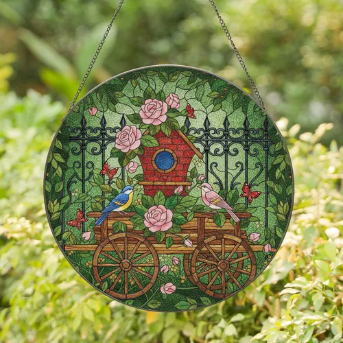 Birdhouse Roses Songbirds Garden - Home Decor Gift for Garden Lover Stained Glass Suncatcher