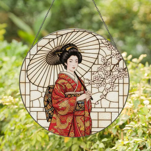 Japanese Woman Kimono Umbrella Sakura Blossoms - Home Decor Gift Stained Glass Suncatcher