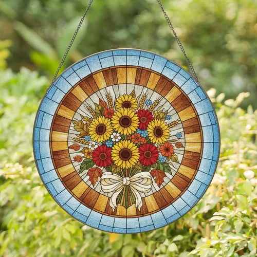 Autumnal Bouquet Golden Sunflowers Gerbera Daisies Wheat Leaves - Autumn Home Decor Gift Stained Glass Suncatcher