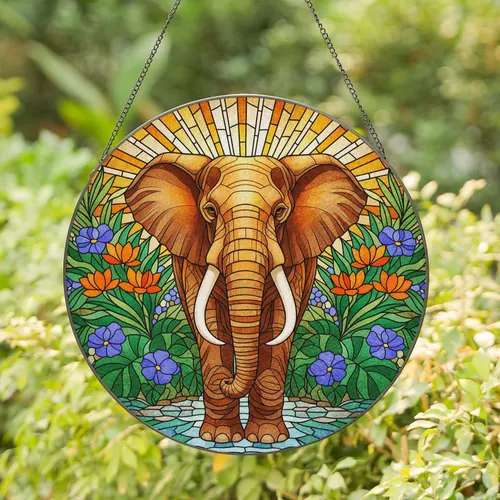 Elephant Tropical Foliage Water Lily Sunburst - Home Decor Gift for Elephant Lover Stained Glass Suncatcher