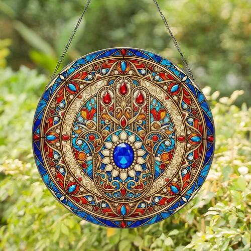 Hamsa Hand Evil Eye Ornate Filigree Mosaic - Home Decor Gift for Window Display Stained Glass Suncatcher