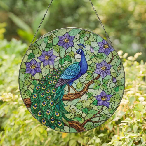 Peacock Branch Ocelli Fanned Tail Clematis Flowers - Home Decor Gift for Bird Lovers Stained Glass Suncatcher