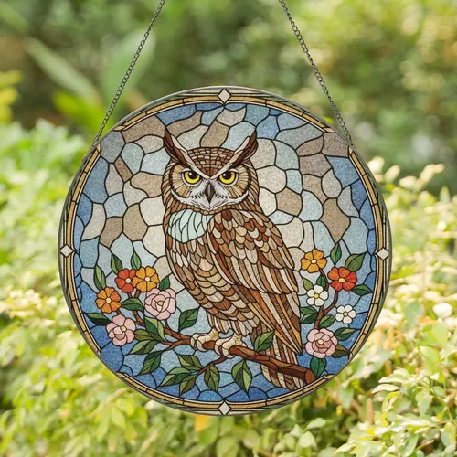 Great Horned Owl Wildflower Foliage - Home Decor Gift for Owl Lovers Stained Glass Suncatcher