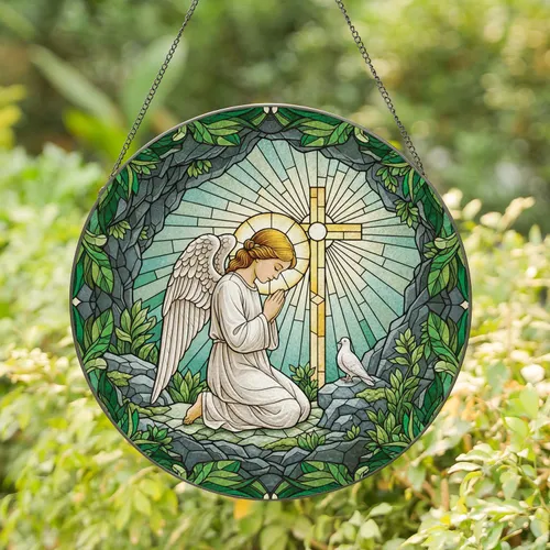 Child Angel Golden Cross White Dove - Prayer Home Decor Gift Stained Glass Suncatcher