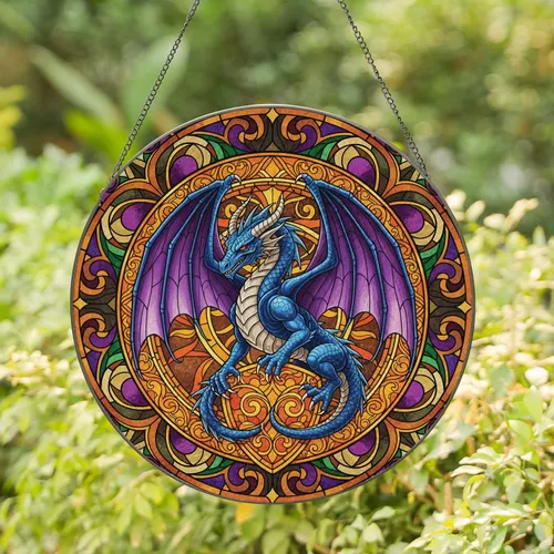Blue Dragon Purple Winged Fire Ring Crested - Fantasy Home Decor Gift for Dragon Lover Stained Glass Suncatcher