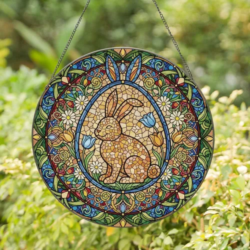 Bunny Egg Frame Spring Flowers Swirling Foliage - Home Decor Gift for Wildlife Lover Stained Glass Suncatcher