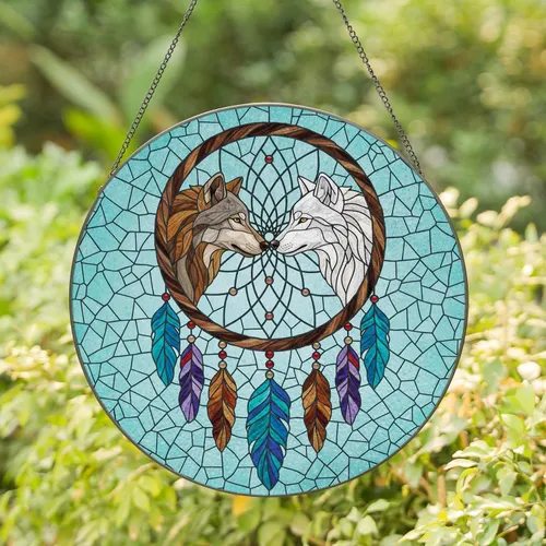 Stained Glass Wolves Dreamcatcher Feathers Home Decor Gift Stained Glass Suncatcher