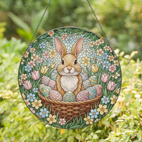Easter Bunny Woven Basket Easter Eggs Spring Bloom Garden - Easter Home Decor Gift Stained Glass Suncatcher