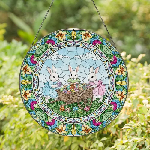 Easter Bunnies Egg Cart Floral Mosaic - Easter Gift Home Decor Stained Glass Suncatcher
