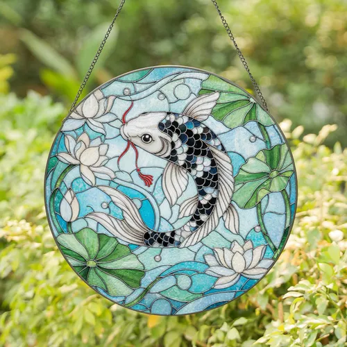 White Black Koi Fish Water Lilies Lotus Leaves Home Decor Gift for Fish Lover Stained Glass Suncatcher
