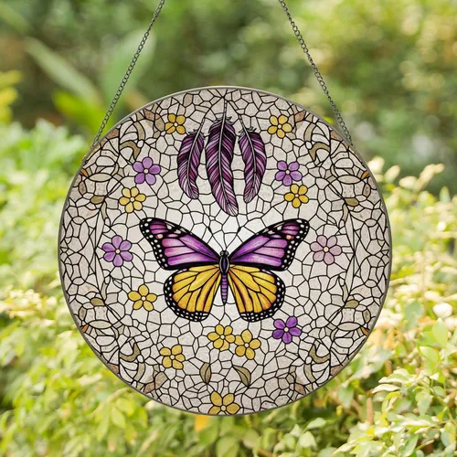Majestic Butterfly Purple Amber Flowers Vines - Home Decor Gift for Garden Lover Stained Glass Suncatcher