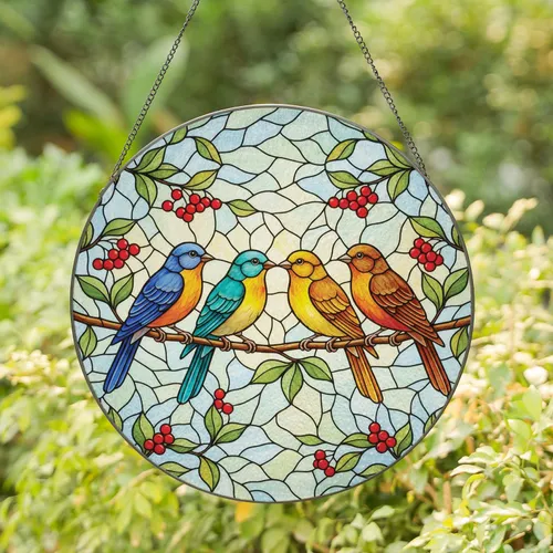 Four Vibrant Birds Berries Branch - Wildlife Lover Home Decor Gift for Bird Watcher Stained Glass Suncatcher