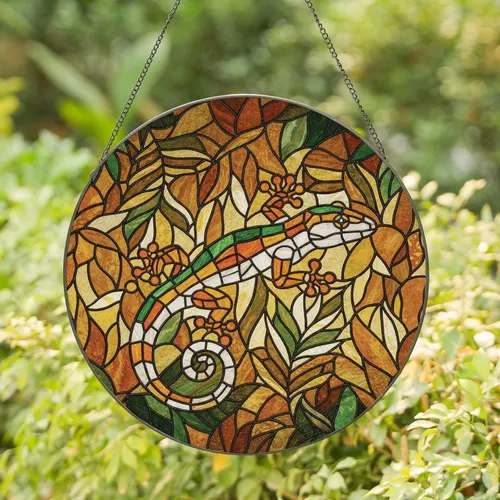 Naturalistic Gecko Jungle Foliage Flowing Organic Lines - Wildlife Home Decor Gift Stained Glass Suncatcher