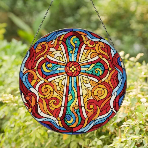 Christian Cross Red Bloom Botanical Swirl Mosaic - Home Decor Gift for Christian Faith Lover Stained Glass Suncatcher