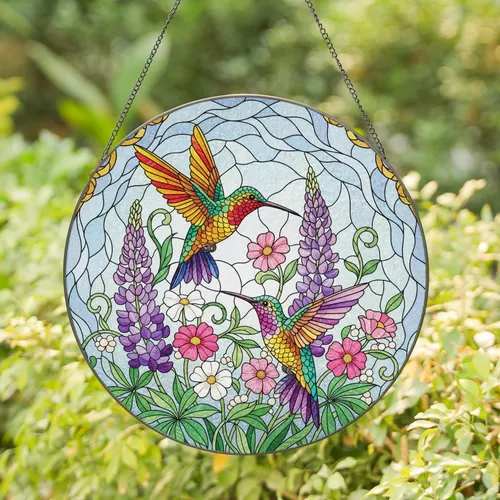 Two Hummingbirds Floral Garden Gilded Scrollwork Cloud Shapes - Home Decor Gift Stained Glass Suncatcher