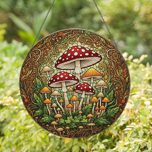 Mushroom Forest Floor Woodland Scene - Home Decor Gift Stained Glass Suncatcher