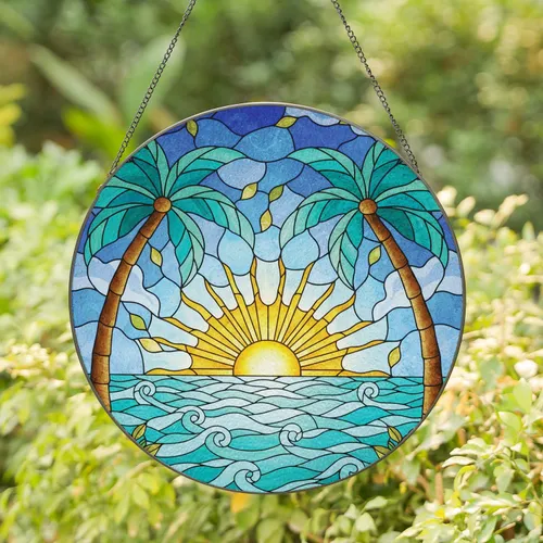 Tropical Palm Trees Golden Sun Ocean Waves Falling Leaves - Home Decor Gift Stained Glass Suncatcher