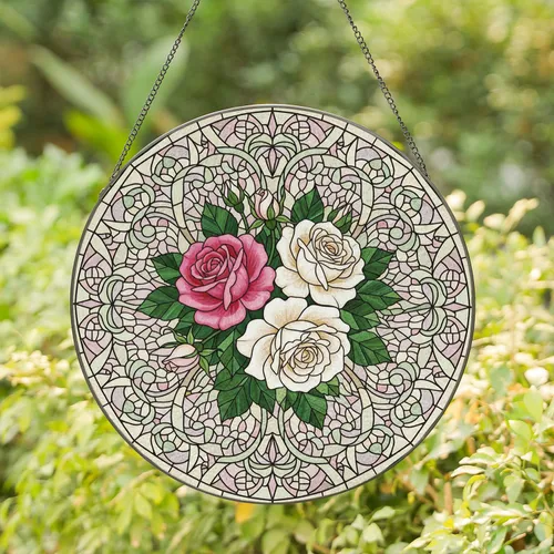 Pink Cream Roses Floral Bouquet Swirls Tendrils - Home Decor Gift for Garden Lover Stained Glass Suncatcher