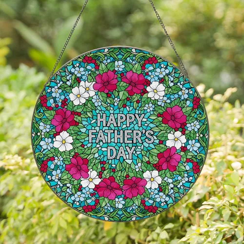 Happy Father's Day Tiffany Floral Wreath - Father's Day Gift for Dad Stained Glass Suncatcher
