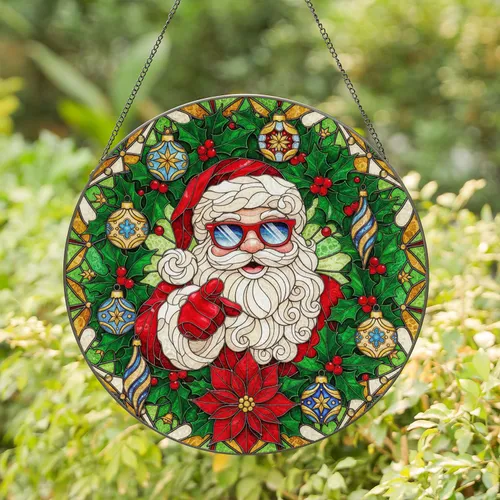 Santa Claus Holly Wreath Christmas Ornaments - Holiday Home Decor Gift Stained Glass Suncatcher