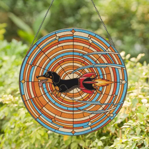 Dachshund Rocket Flying Glass Stars Sweeping Geometric Lines - Home Decor Gift for Dog Lover Stained Glass Suncatcher