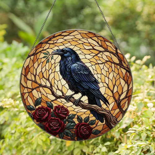 Iridescent Black Raven Rose Tree Branch - Wildlife Lover Home Decor Gift Stained Glass Suncatcher