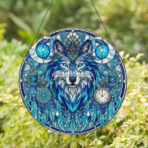 Wolf Head Moon Dreamcatcher Feathers Pocket Watch Chains - Home Decor Gift for Wolf Lover Stained Glass Suncatcher