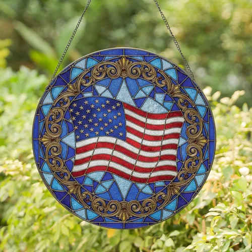 American Flag Gold Scrollwork Border - Independence Day Gift for Veterans Stained Glass Suncatcher