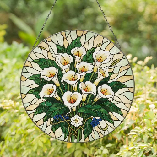 White Calla Lily Bouquet Blue Berries - Home Decor Gift for Garden Lover Stained Glass Suncatcher