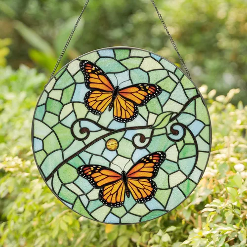 Monarch Butterflies Scrolling Vine Leaf Amber Bead Mosaic - Nature Home Decor Gift Stained Glass Suncatcher