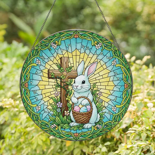 Easter Bunny Cross Celtic Shamrocks - Easter Gift for Home Decor Stained Glass Suncatcher