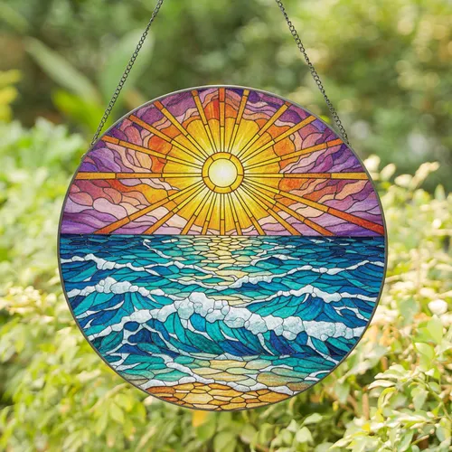 Radiating Golden Sunset Ocean Waves Seascape - Housewarming Gift for Ocean Lovers Stained Glass Suncatcher