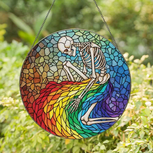 Expressive Skeleton Figure Hunched Kneeling Bony Hand Rainbow Flow Home Decor Gift Stained Glass Suncatcher
