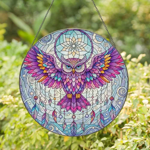 Majestic Owl Dreamcatcher with Blue Eyes and Feathers - Home Decor Gift for Wildlife Lover Stained Glass Suncatcher