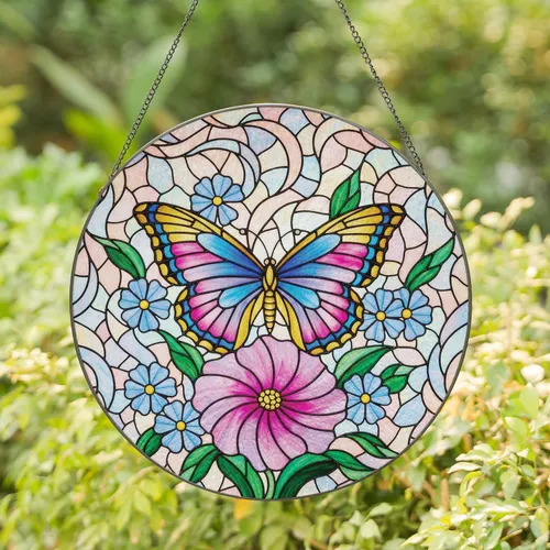 Butterfly Pink Purple Flower - Luminous Window Home Decor Gift for Garden Lover Stained Glass Suncatcher