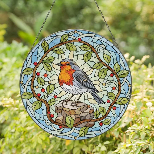 European Robin Rock Branches Berries - Wildlife Lover Home Decor Gift Stained Glass Suncatcher