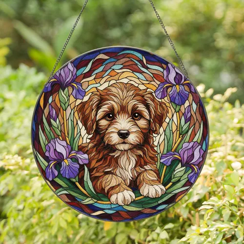 Fluffy Brown Puppy Purple Flowers - Home Decor Gift for Dog Lover Stained Glass Suncatcher