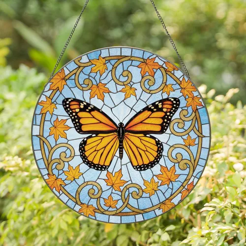 Monarch Butterfly Maple Leaves Scrollwork - Sky Mosaic Home Decor Gift for Wildlife Lovers Stained Glass Suncatcher