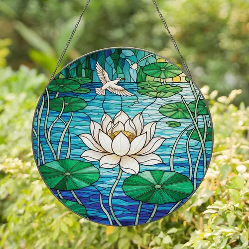 White Lotus Flower Lily Pads Water Bird Reeds Stems - Home Decor Gift for Bird Watcher Stained Glass Suncatcher