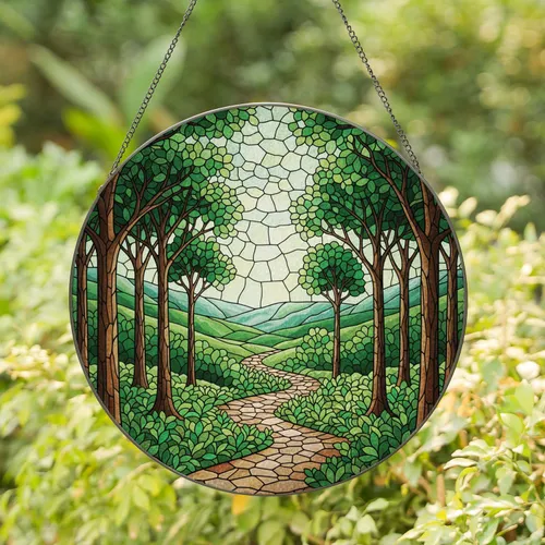 Winding Stone Pathway Archway Trees - Green Landscape Home Decor Stained Glass Suncatcher