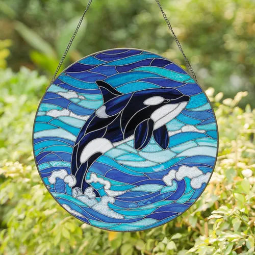 Black White Orca Whale Leaping Blue Water Waves - Coastal Home Decor Gift for Ocean Lovers Stained Glass Suncatcher