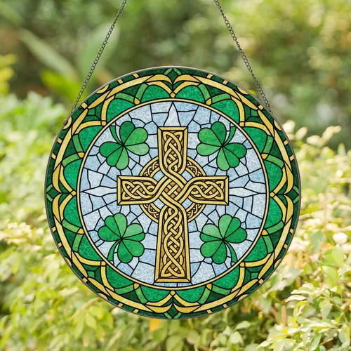 Celtic Cross Shamrock Golden Knotwork - St. Patrick's Day Irish Home Decor Gift Stained Glass Suncatcher
