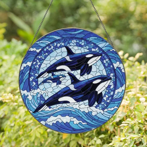 Orca Family Dynamic Ocean Waves Mosaic - Home Decor Gift for Ocean Life Lovers Stained Glass Suncatcher