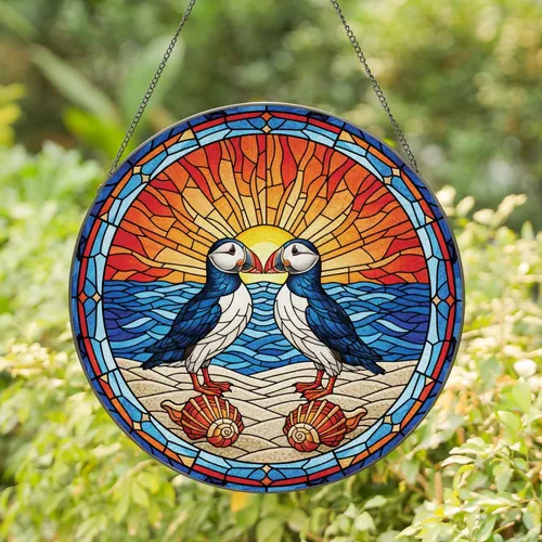 Puffins Pair Seashells Ocean Waves Sunset - Coastal Home Decor Gift for Puffin Lover Stained Glass Suncatcher
