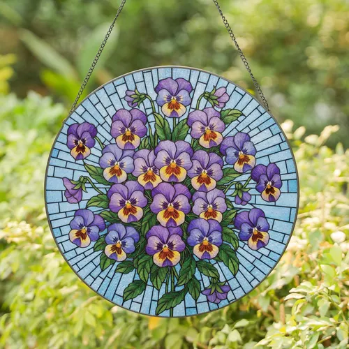Lush Pansy Garden Flowers and Leaves - Everyday Home Decor Gift for Flower Lovers Stained Glass Suncatcher