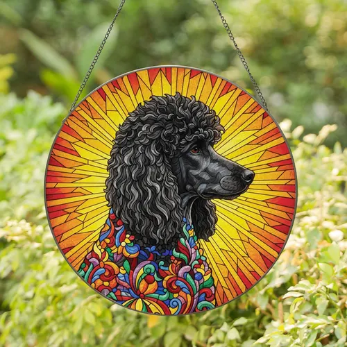 Black Standard Poodle Rainbow Floral Mosaic Sunburst - Dog Lover Gift Stained Glass Suncatcher